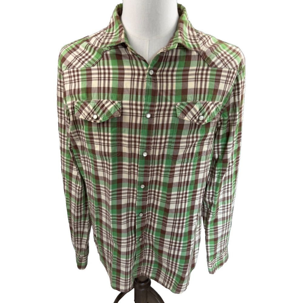 Heritage 1981 Mens Large Green Brown Plaid Western Pearl Snap Fitted Shirt